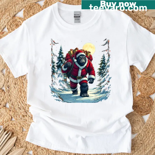 Gorilla in Santa outfit walking in snow illustration