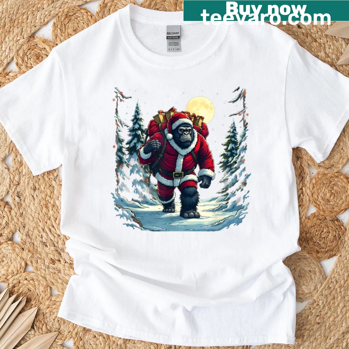 Gorilla in Santa outfit walking in snow illustration — on a men's t-shirt
