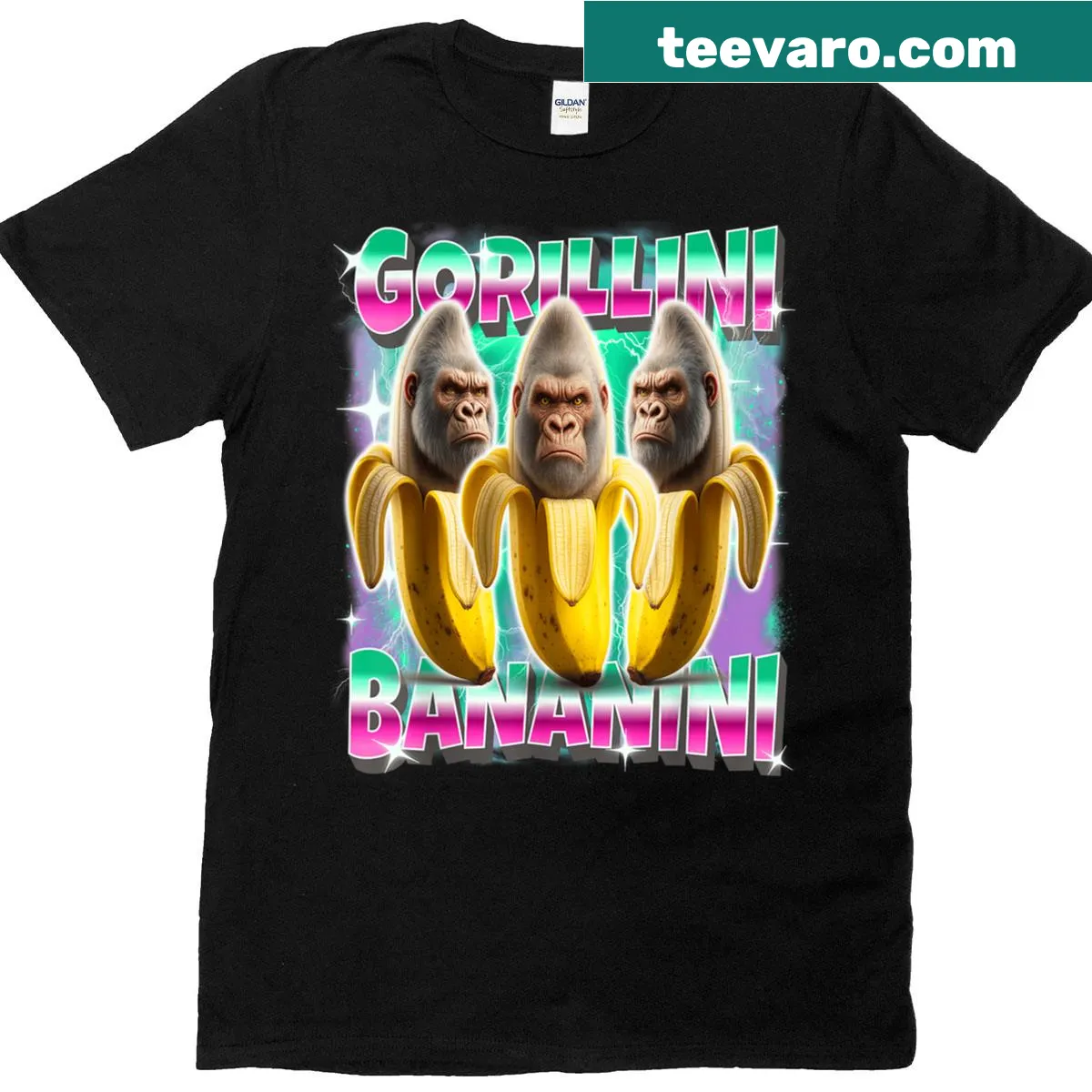 Cartoon gorilla and banana character graphic t-shirt design. — on a men's t-shirt