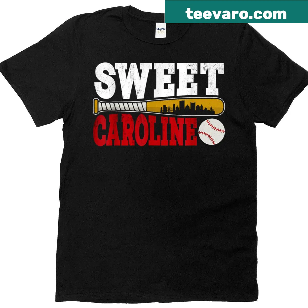 Retro Boston-themed graphic tee celebrating Sweet Caroline song. — on a men's t-shirt