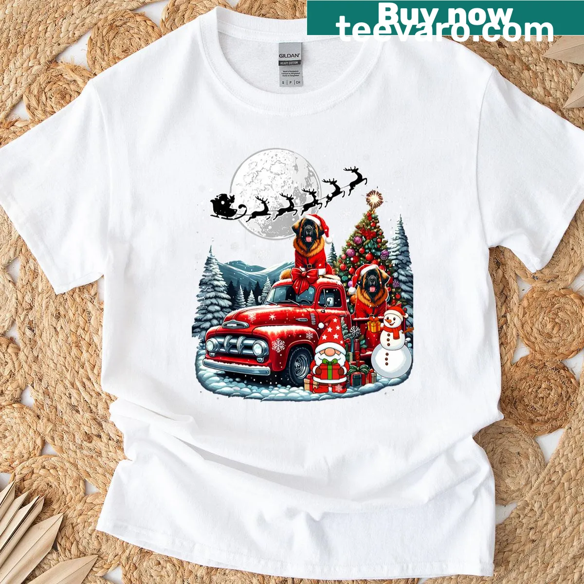 Festive illustration of gnomes, snowmen, and Santa in truck — on a men's t-shirt