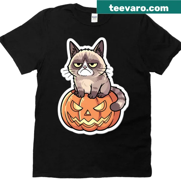 Grumpy Cat sitting on a Halloween pumpkin on a t-shirt