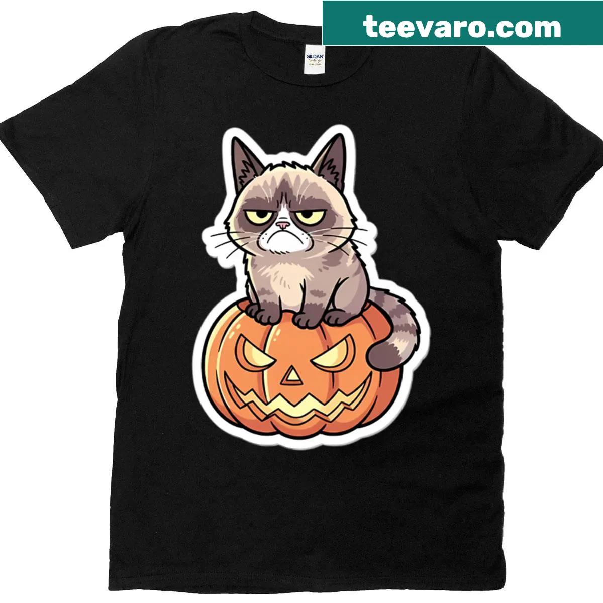 Grumpy Cat sitting on a Halloween pumpkin on a t-shirt — on a men's t-shirt