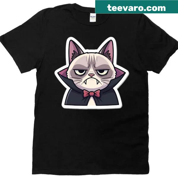 Whimsical grumpy vampire cat wearing a bow tie on an oversized t-shirt.