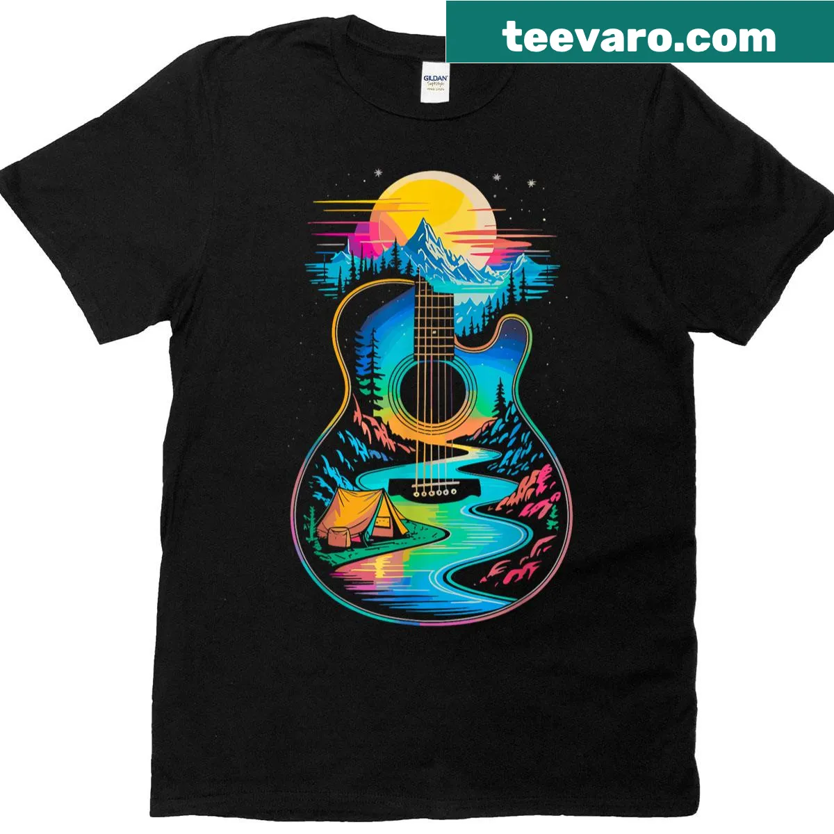 Illustration of a guitar reflecting on a lake on a musician T-shirt — on a men's t-shirt