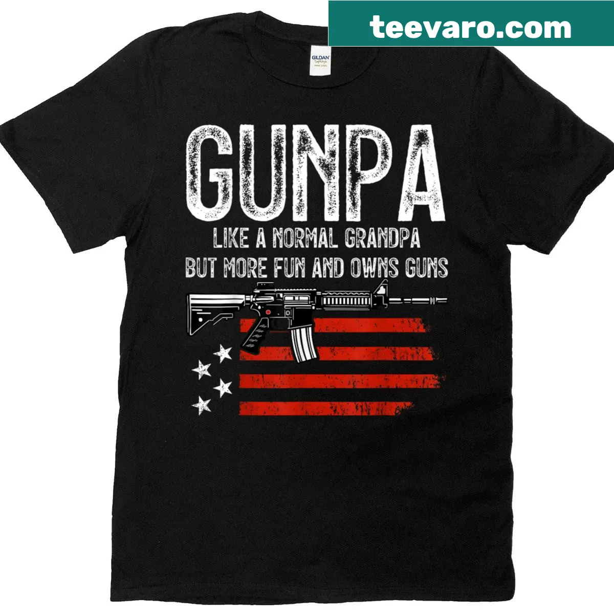 Funny Gunpa shirt with humorous text about grandpas and guns — on a men's t-shirt