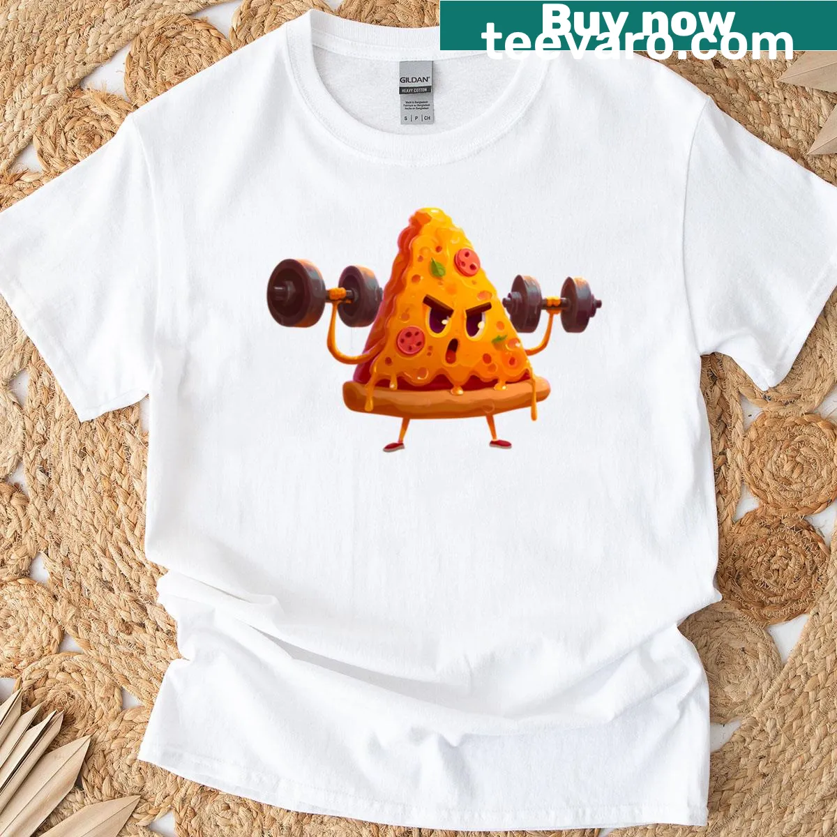 Funny Gym Bro Pizza design featuring a pizza slice and gym themes — on a men's t-shirt