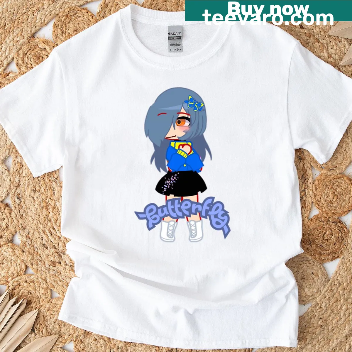 Happy blue girl with butterfly design on T-shirt — on a men's t-shirt