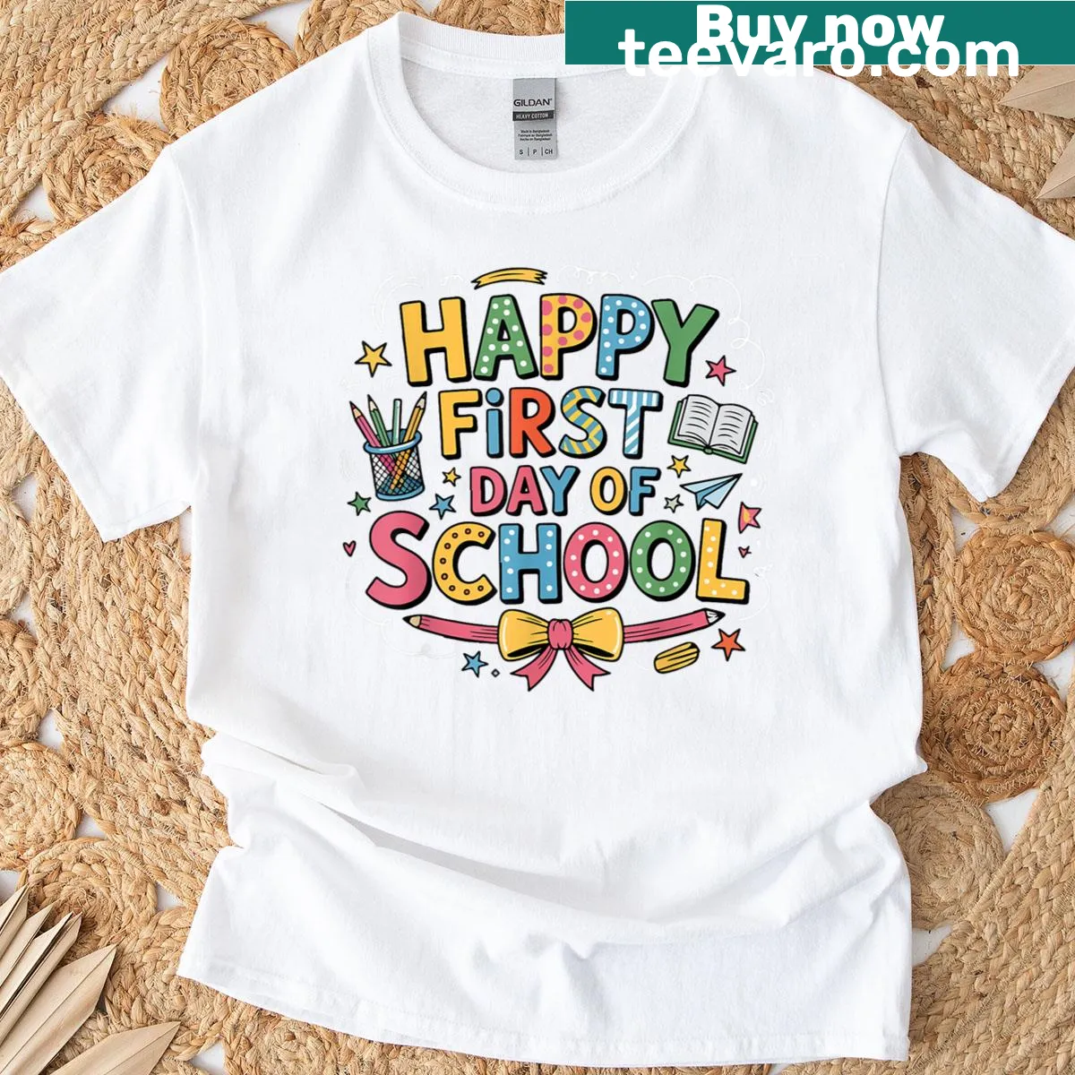 T-shirt featuring a pencil and the phrase 'Happy First Day Of School' — on a men's t-shirt