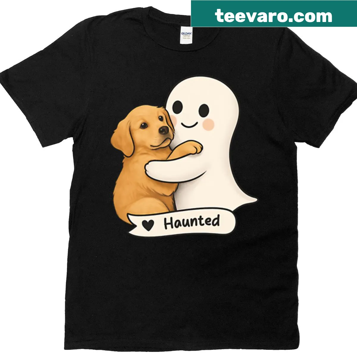 Cute Halloween t-shirt with a golden retriever puppy and ghost — on a men's t-shirt