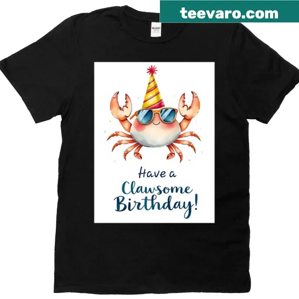 Kawaii birthday t-shirt featuring a crab and shark with balloons