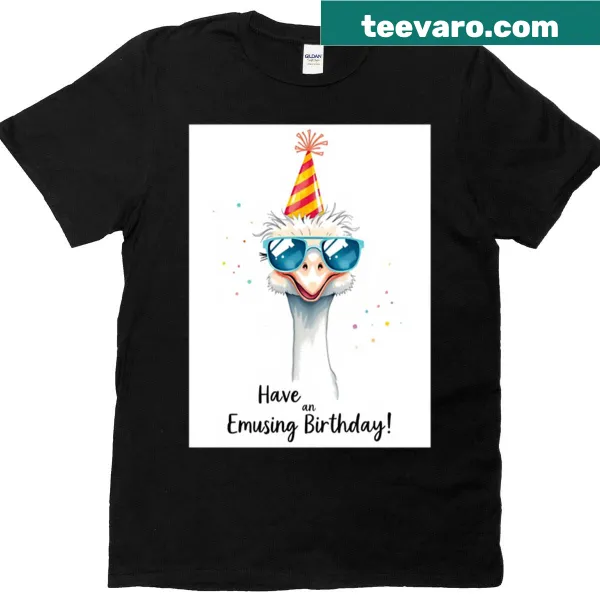 Kawaii emu birthday t-shirt with balloons and playful text