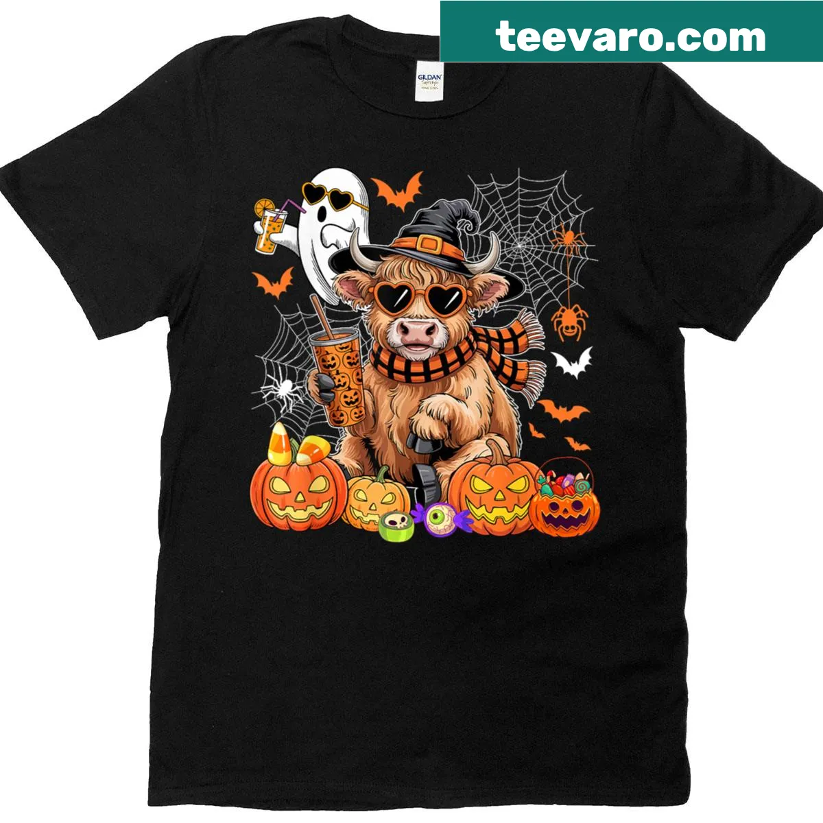 Highland cow in witch hat drinking coffee with ghosts illustration — on a men's t-shirt