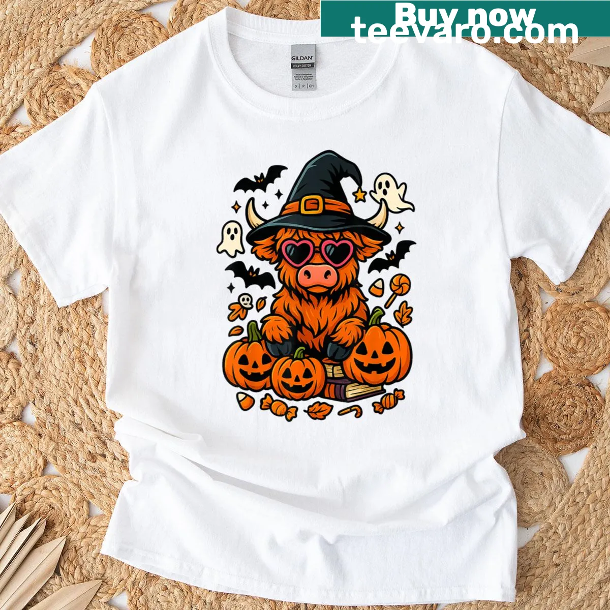 Funny Highland cow and pumpkin on Halloween autumn T-shirt — on a men's t-shirt