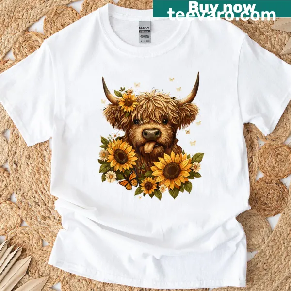 Illustrated Highland cow with sunflower T-shirt
