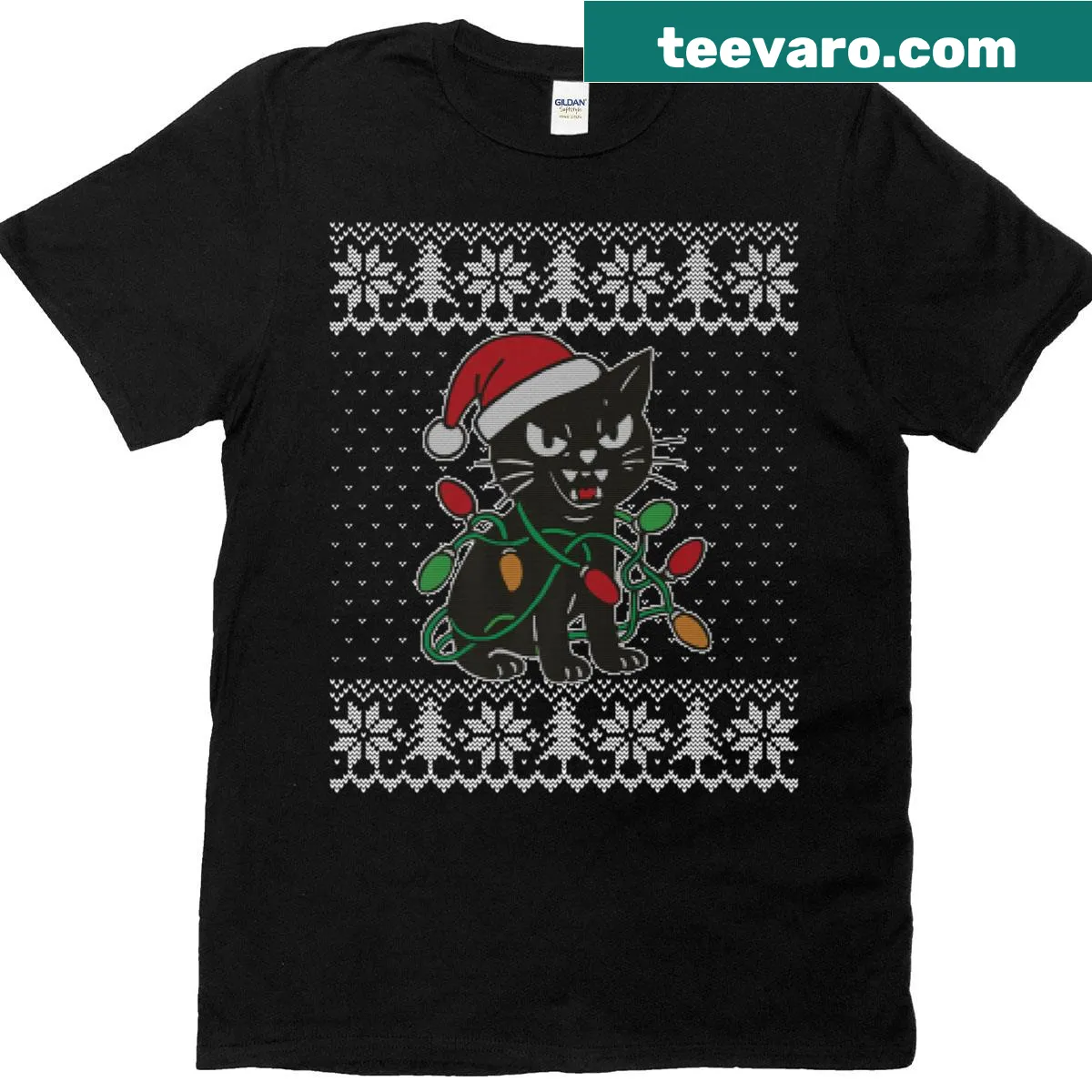Funny angry cat t-shirt with Christmas lights design — on a men's t-shirt