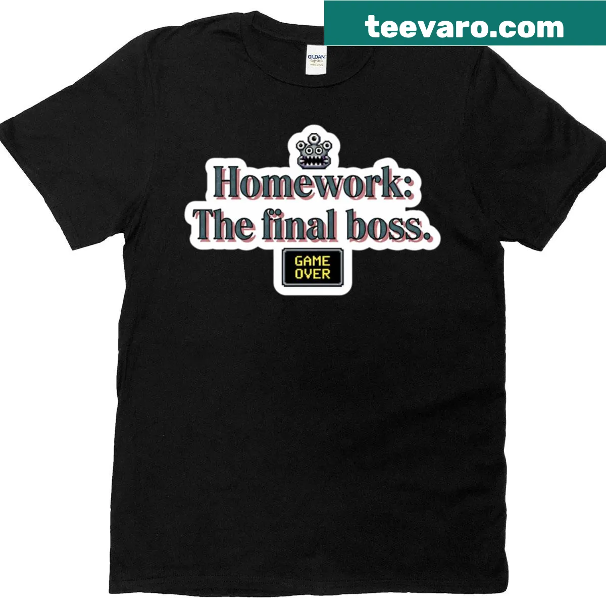 Funny t-shirt with the phrase about homework as a final boss — on a men's t-shirt