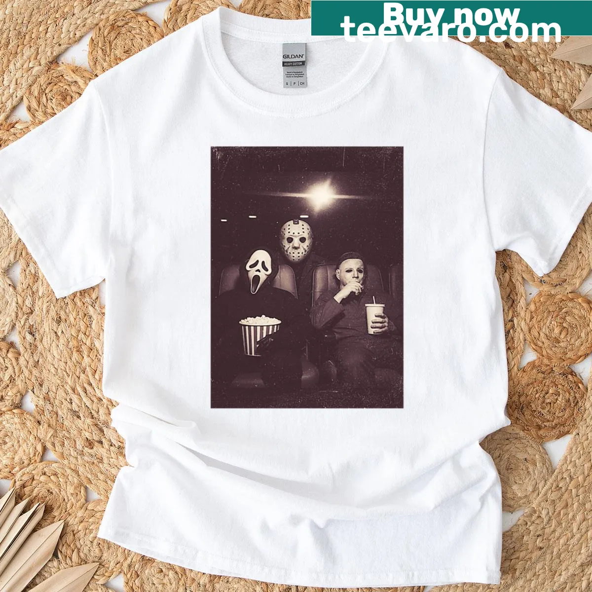 Funny t-shirt with 'Horror Movie With The Guys' text — on a men's t-shirt