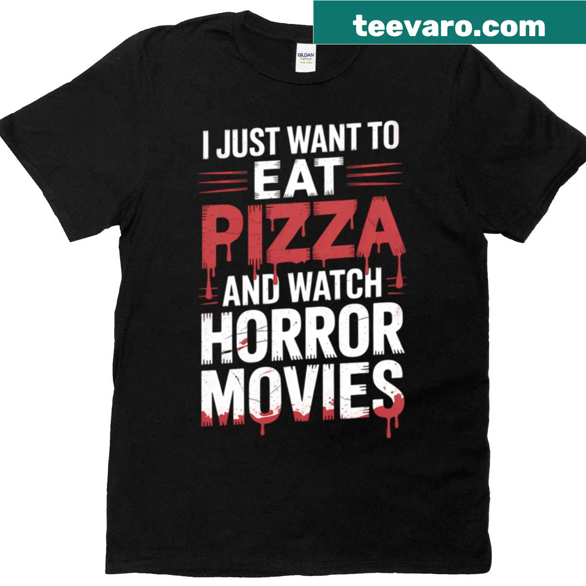 Funny pizza graphic T-shirt for horror movie lovers — on a men's t-shirt