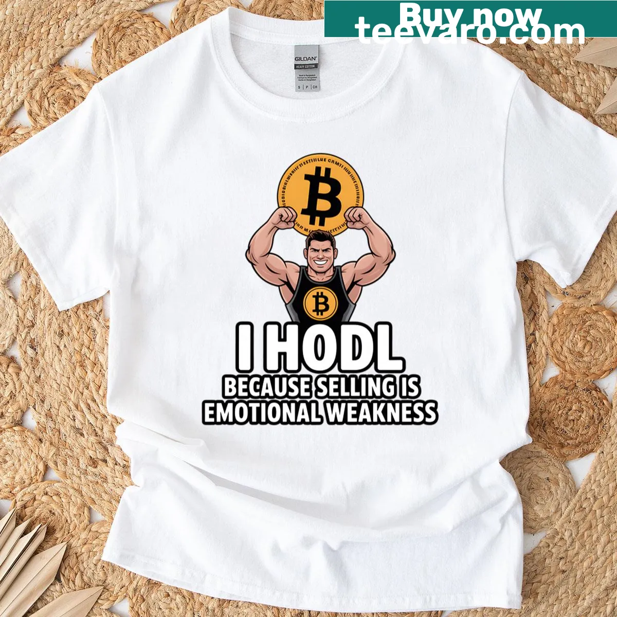 Humorous T-shirt with the phrase 'I Hodl Because Selling Is Emotional Weakness' — on a men's t-shirt