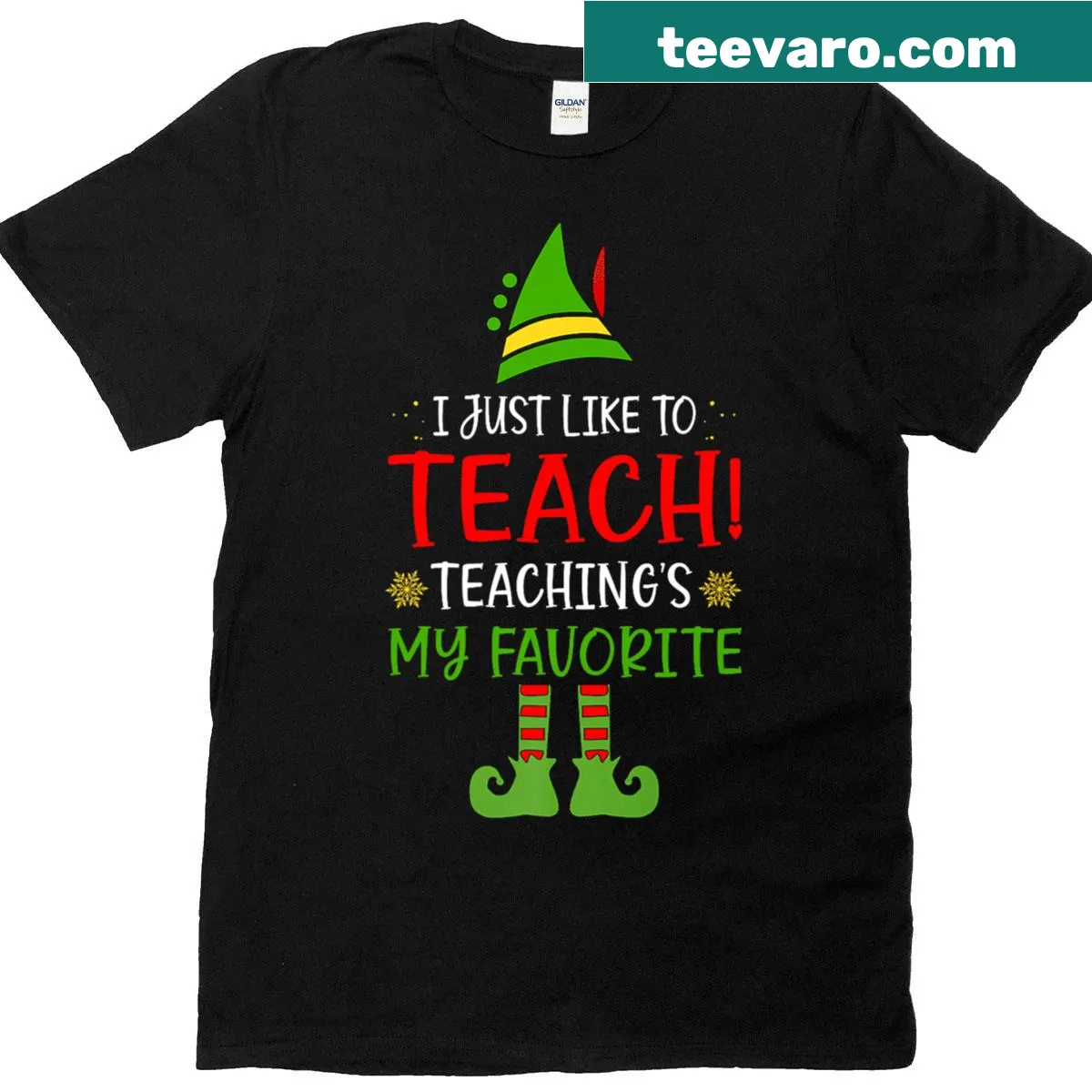 Festive teacher t-shirt with elf graphic and teaching quote — on a men's t-shirt