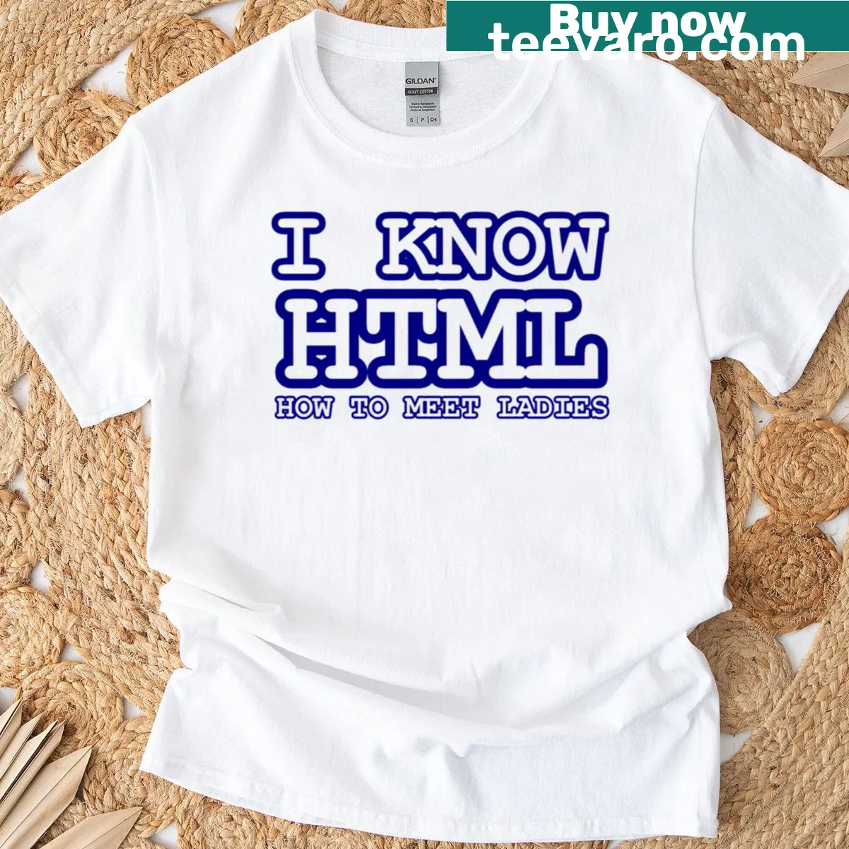 Funny tech joke graphic t-shirt with HTML reference — on a men's t-shirt