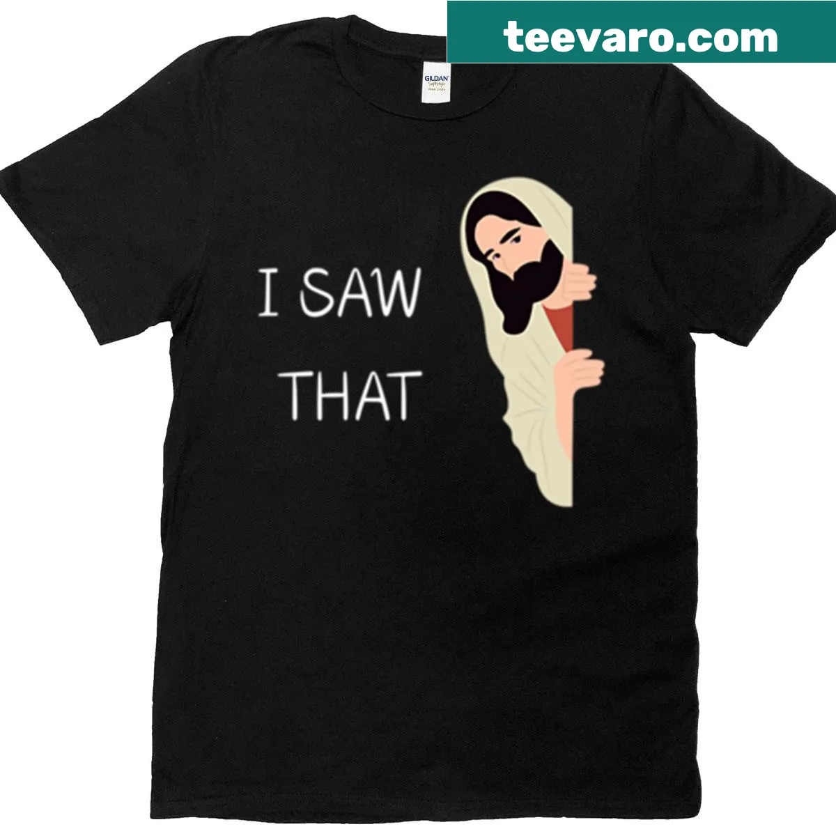 Funny t-shirt with I Saw That phrase and Jesus hat graphic — on a men's t-shirt