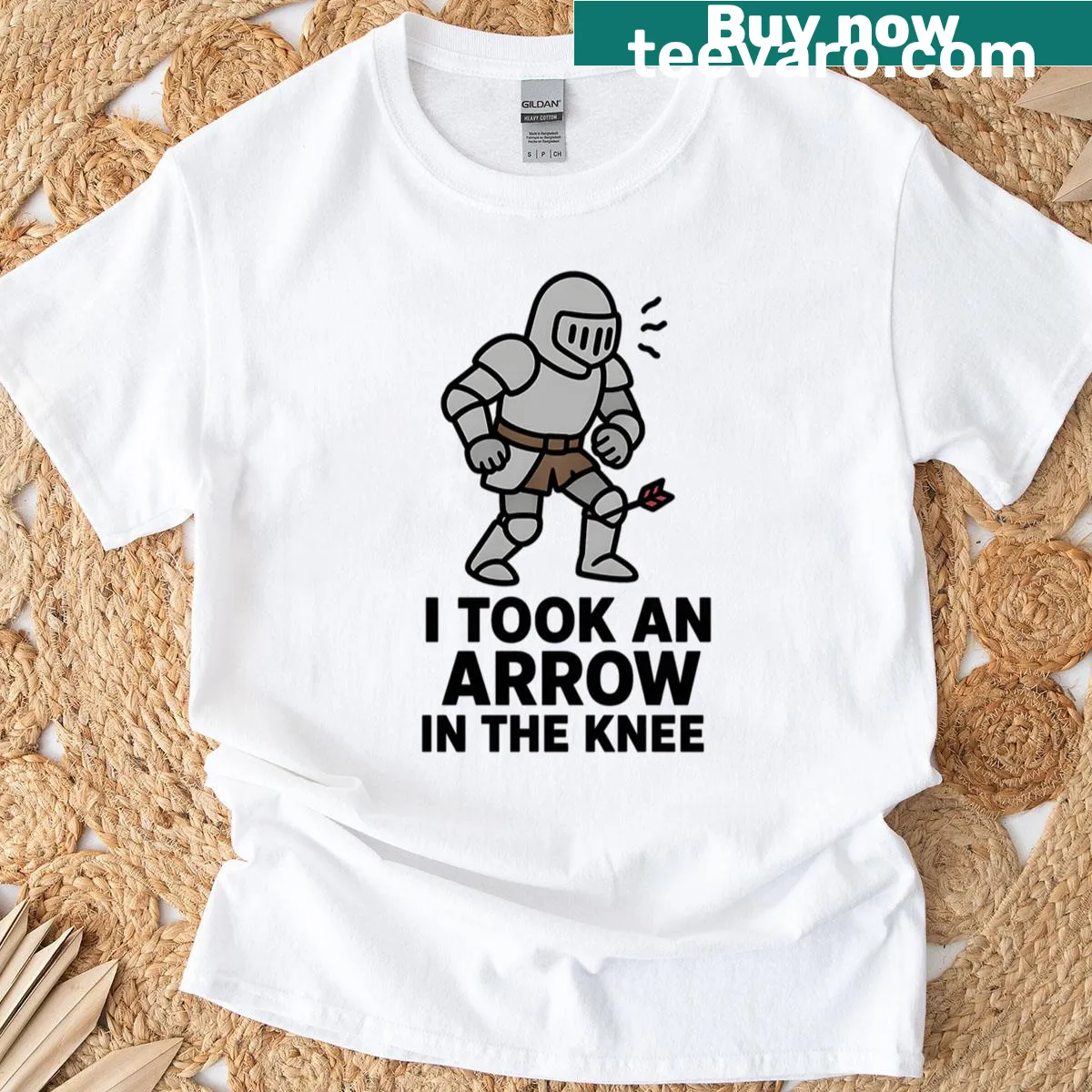 Skyrim-themed t-shirt with the phrase 'I Took An Arrow In The Knee' — on a men's t-shirt