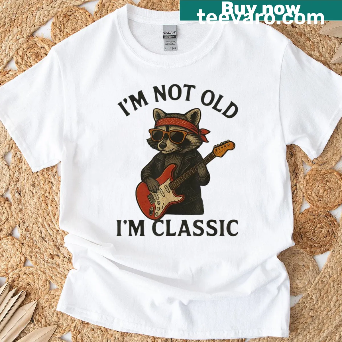 Funny T-shirt with a raccoon playing guitar and the text 'I'm Not Old I'm Funny' — on a men's t-shirt