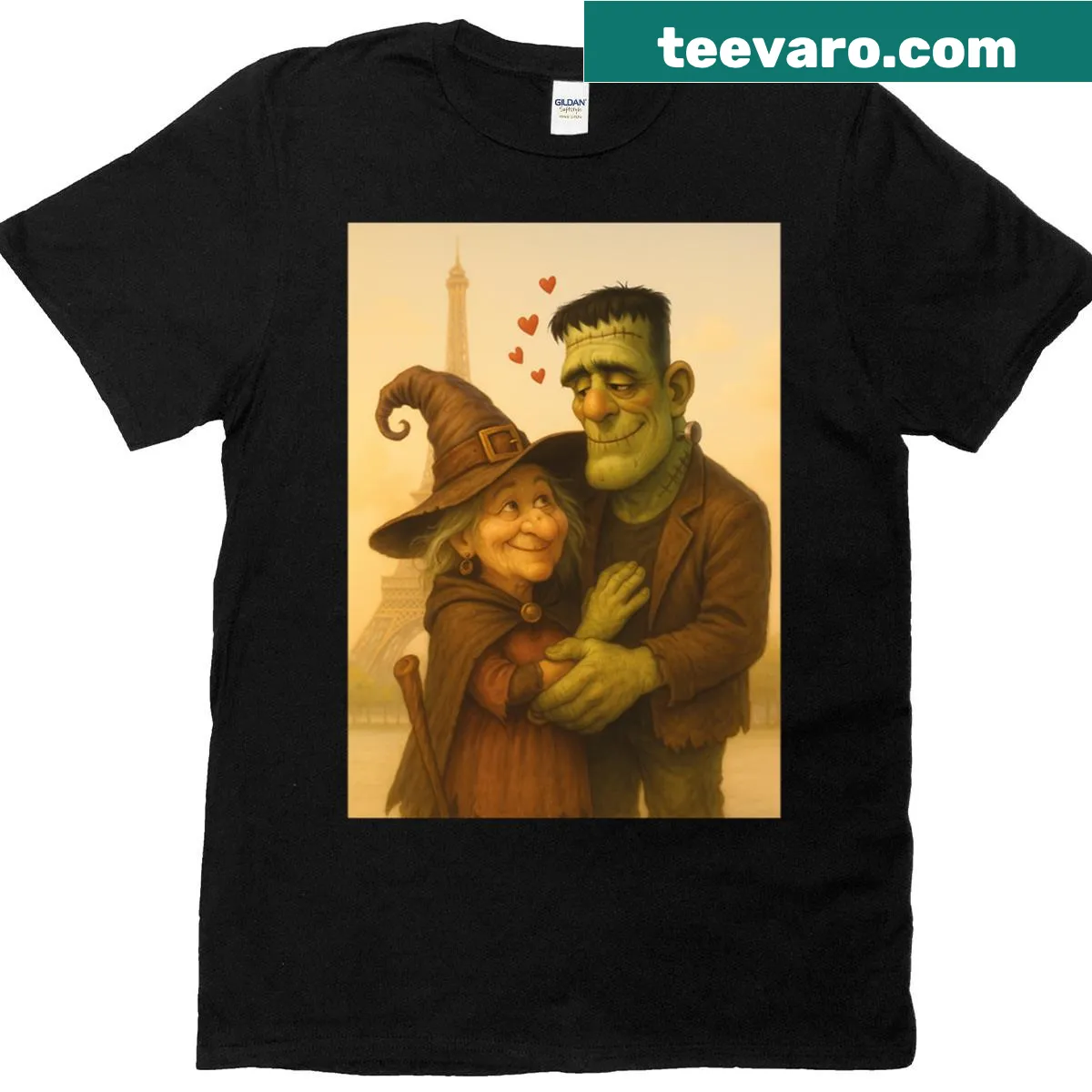Illustrated T-shirt celebrating love in Paris with a couple design — on a men's t-shirt