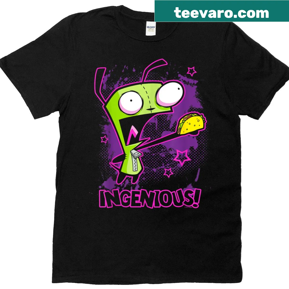 Cartoon t-shirt featuring Invader Zim and taco graphic — on a men's t-shirt