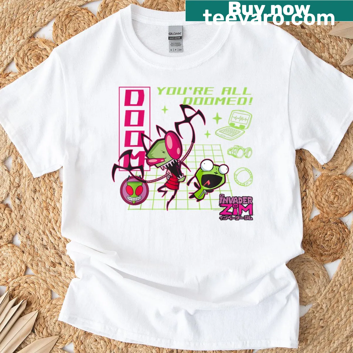 Invader Zim T-shirt with the phrase 'Youre All Doomed' in cartoon style — on a men's t-shirt