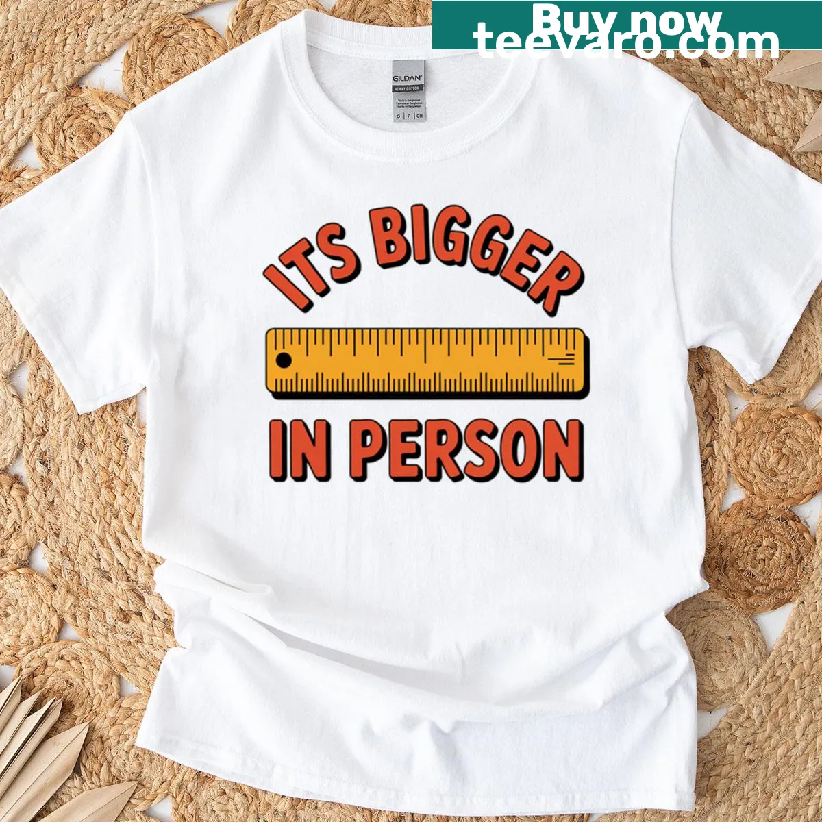 Playful t-shirt stating 'It's Bigger In Person' for a humorous touch — on a men's t-shirt