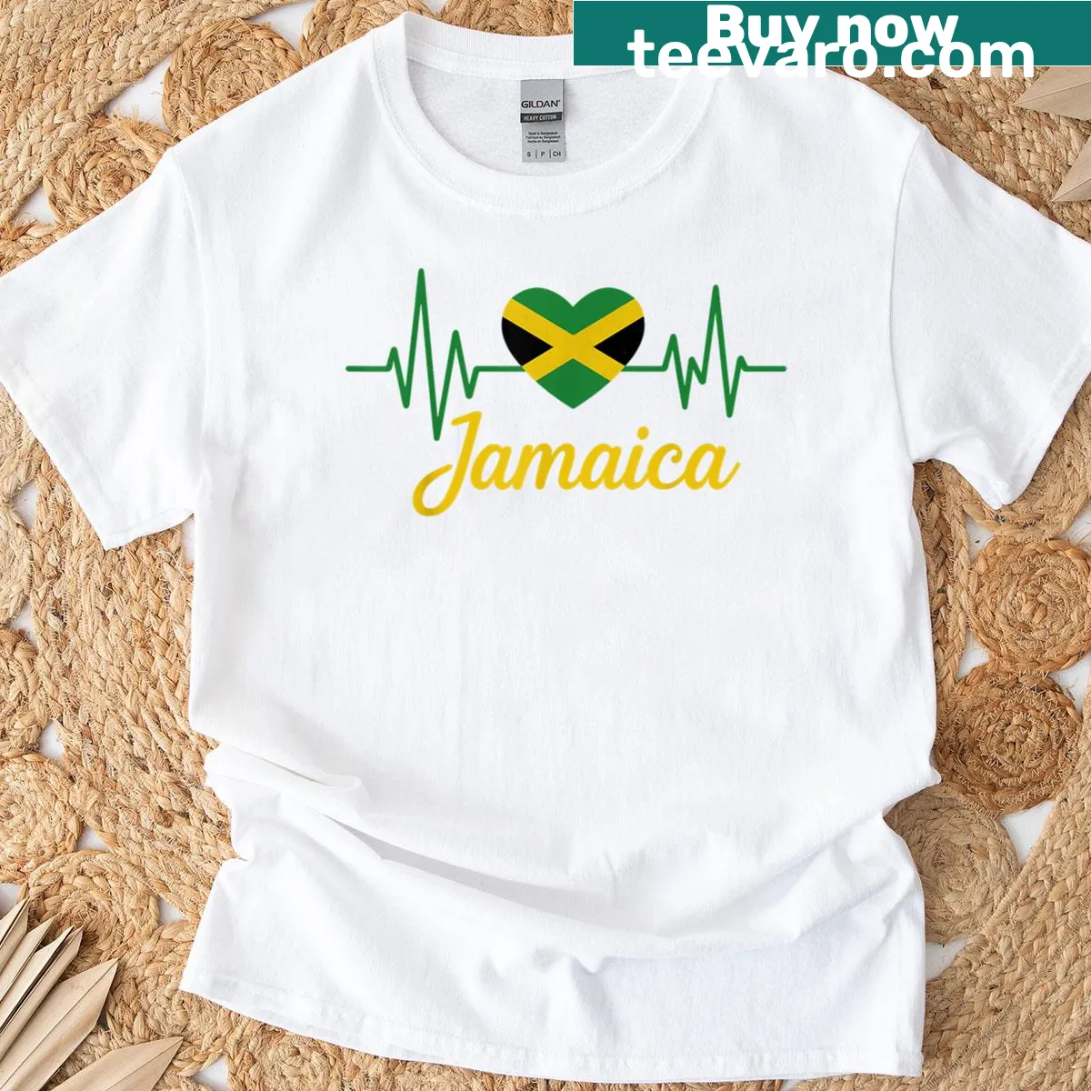 Jamaican flag heartbeat design t-shirt — on a men's t-shirt