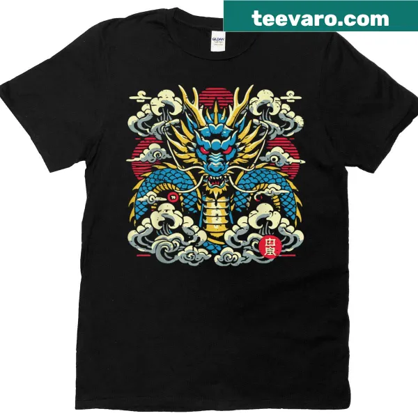 Vintage anime t-shirt featuring a Japanese dragon and clouds