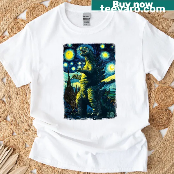 Kaiju T-shirt featuring art inspired by Van Gogh with a scary creature