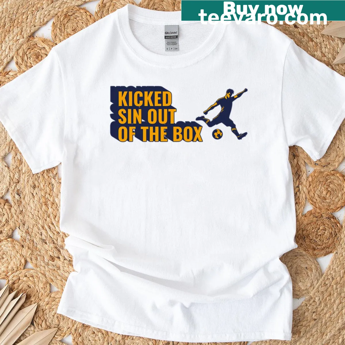 T-shirt with the bold statement 'Jesus Kicked Sin Out Of The Box' — on a men's t-shirt