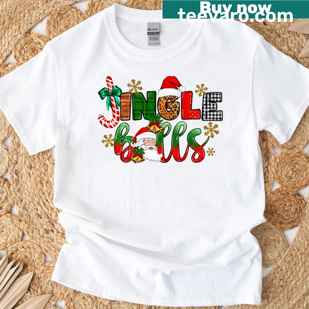 Christmas-themed t-shirt with Santa Claus and 'Jingle Bells' design — on a men's t-shirt