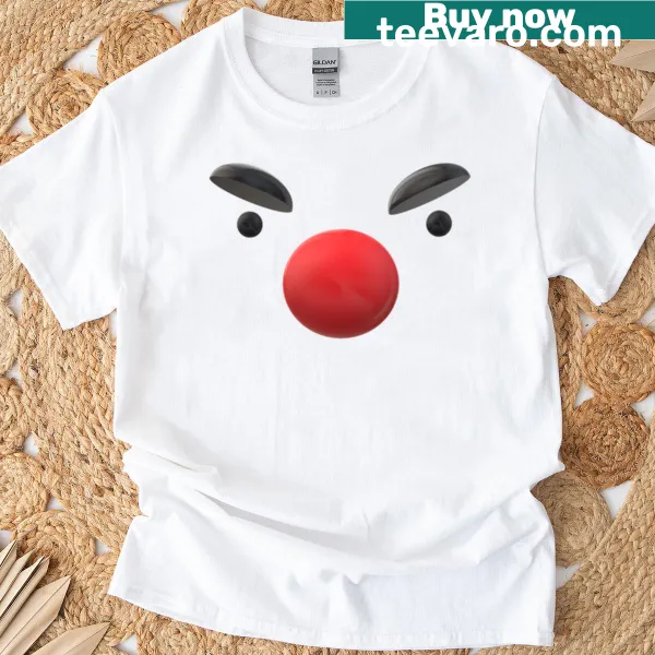 Illustration of a playful joker with a red nose centered on the t-shirt