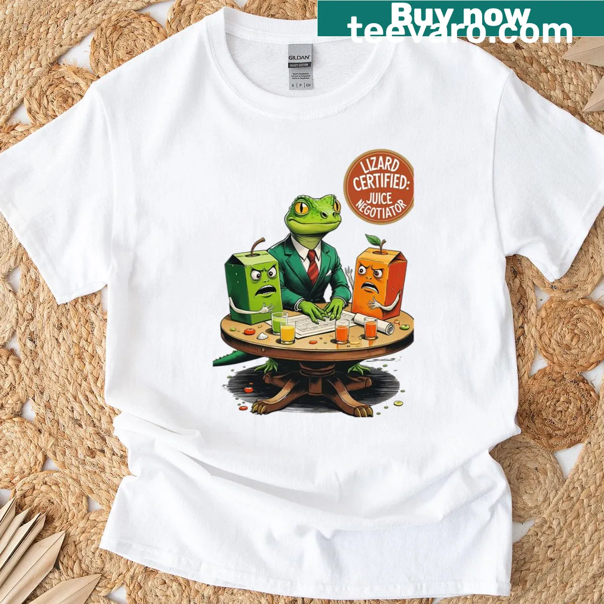Lizard-themed oversized t-shirt featuring a funny juice negotiator graphic — on a men's t-shirt