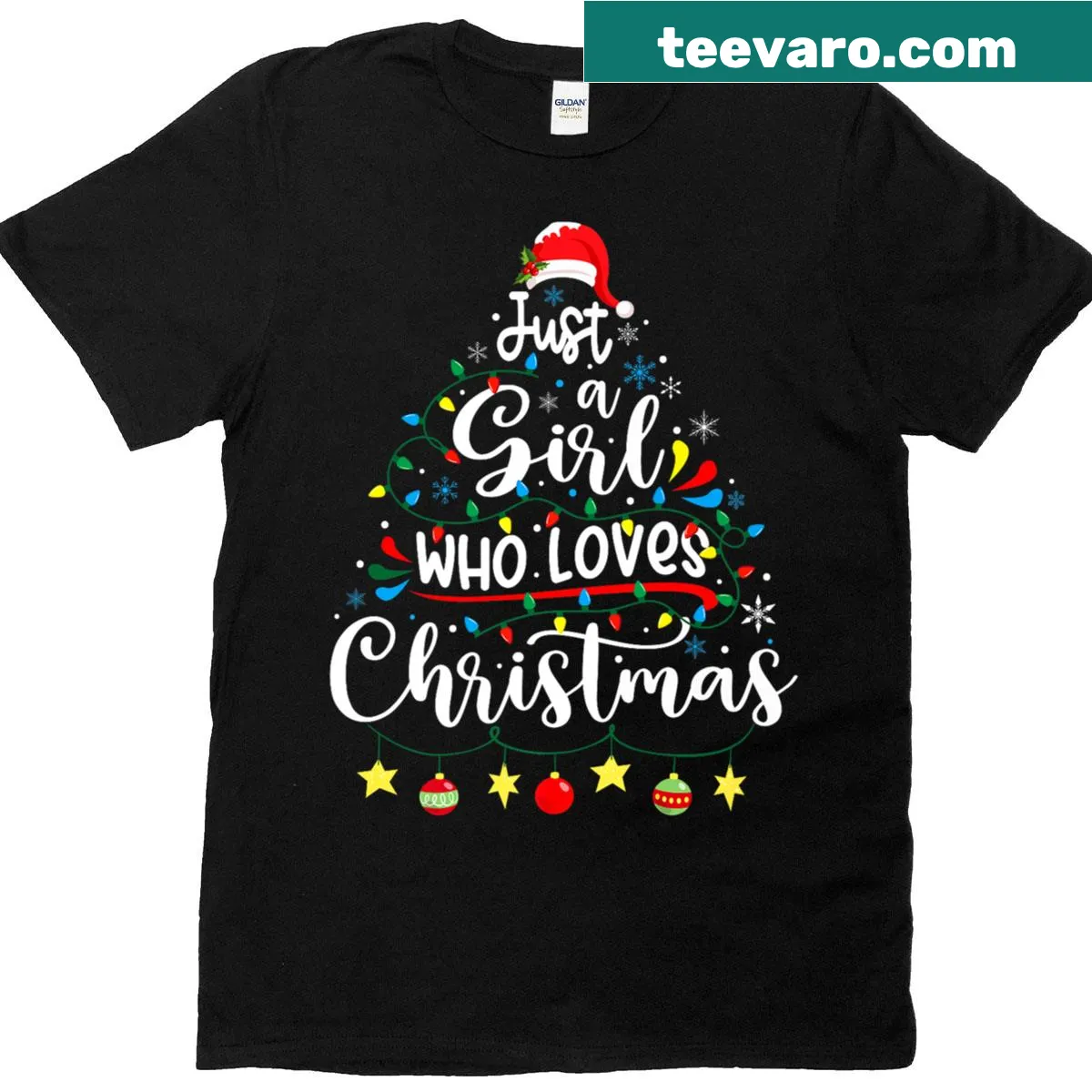 Graphic t-shirt featuring a girl with Christmas tree lights design — on a men's t-shirt