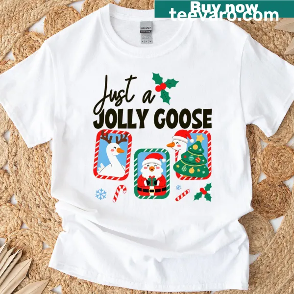 Fun Christmas t-shirt featuring a jolly goose illustration