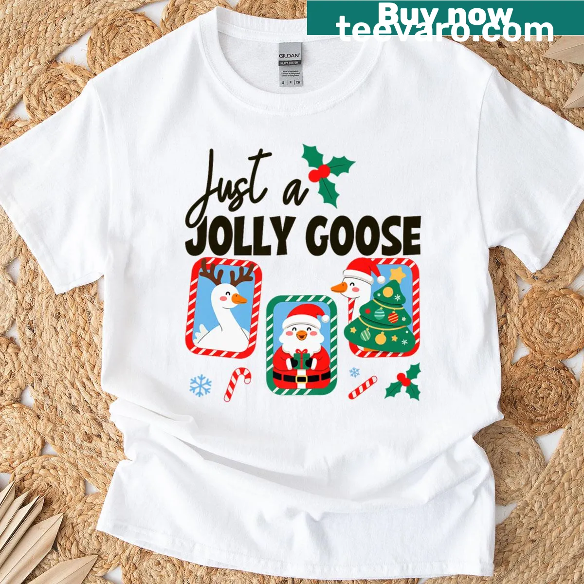 Fun Christmas t-shirt featuring a jolly goose illustration — on a men's t-shirt