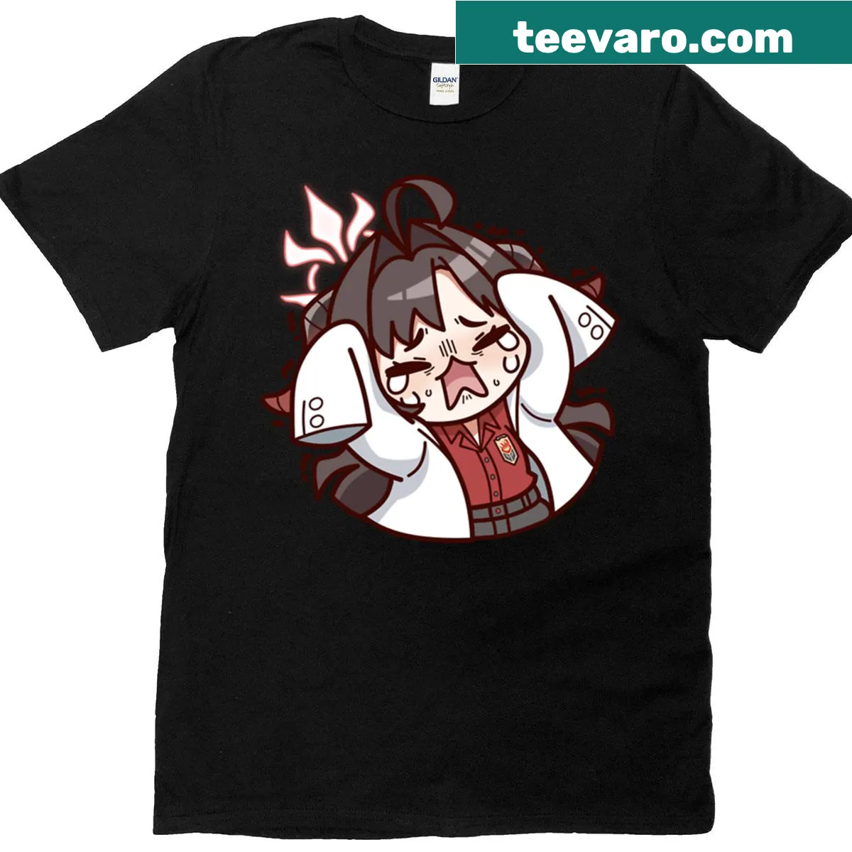 Cute oversized t-shirt with chibi character crying scared face design — on a men's t-shirt