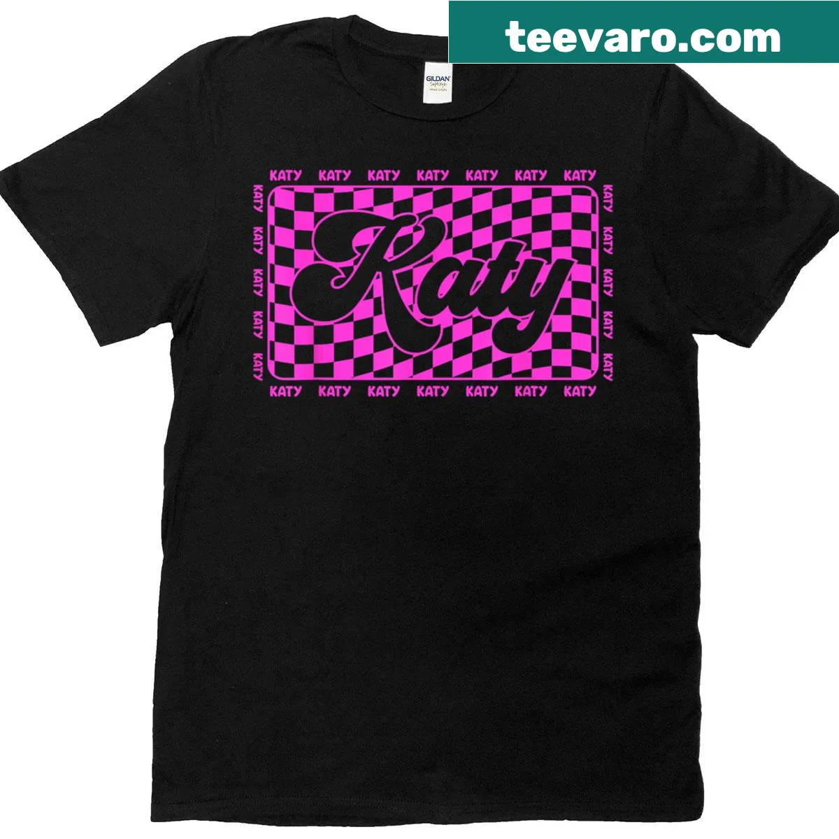 Vintage T-shirt featuring the phrase I Love Katy in a checkered graphic — on a men's t-shirt