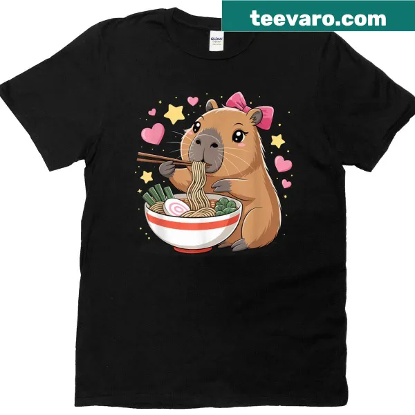 Cute t-shirt with a capybara eating ramen, perfect for kids