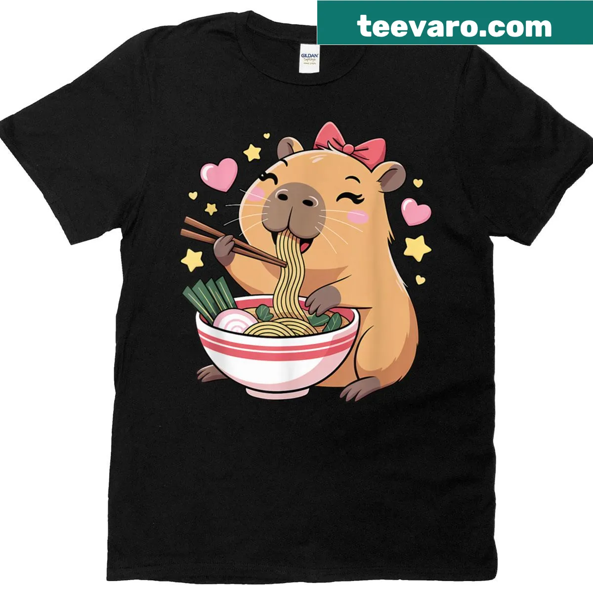 Cute T-shirt featuring a kawaii capybara and ramen design — on a men's t-shirt