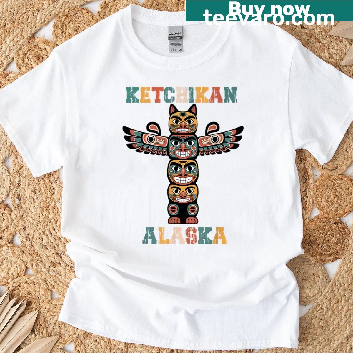 Totem pole illustration on a Ketchikan Alaska souvenir t-shirt — on a men's t-shirt