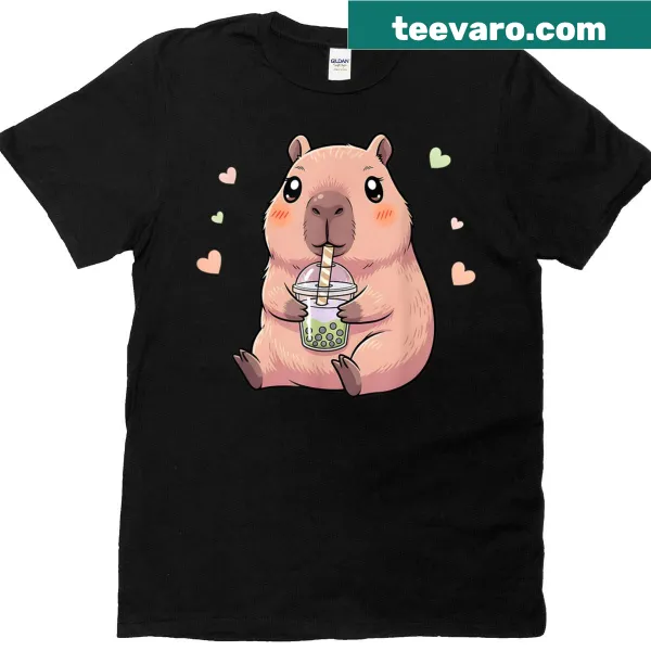 Kawaii capybara graphic enjoying boba tea on a kids T-shirt