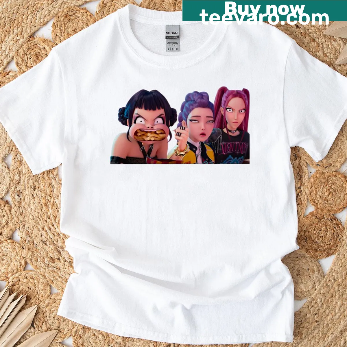 Kpop-inspired T-shirt featuring a demon with fries in its mouth — on a men's t-shirt